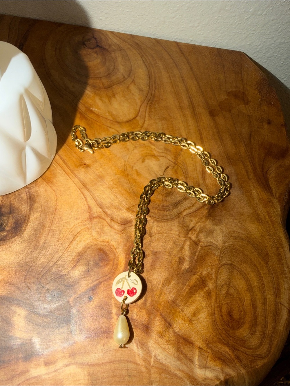 Hand painted clay cherry necklace